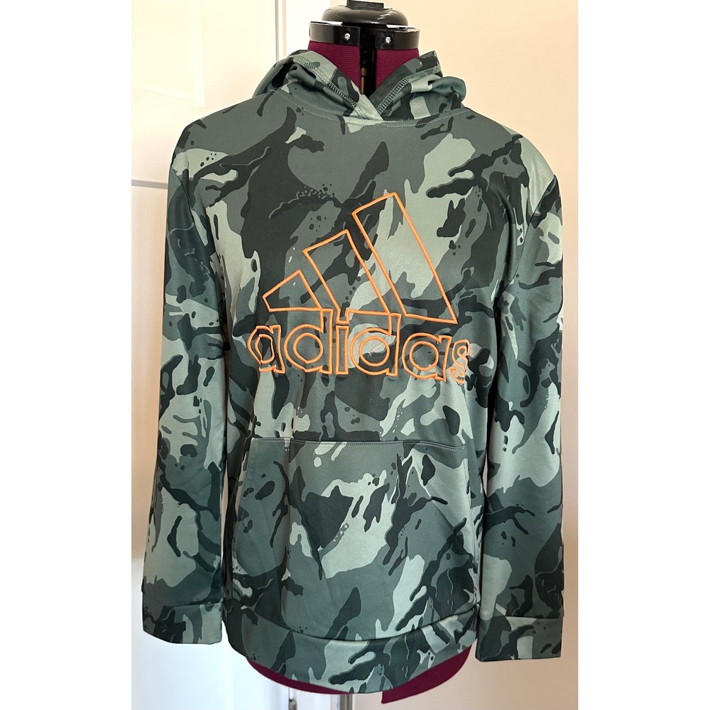Adidas Boys Camo Hoodie Green Orange Logo Performance Sweatshirt XL 18/20